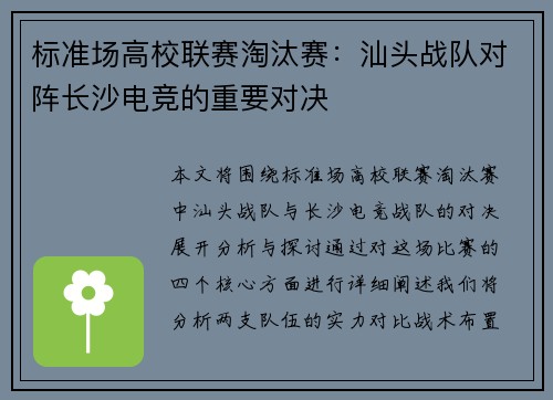 标准场高校联赛淘汰赛：汕头战队对阵长沙电竞的重要对决